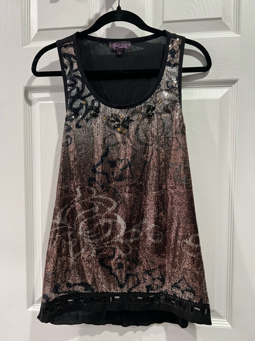 Hale Bob Metallic Rose and Black Floral Sequin Tank